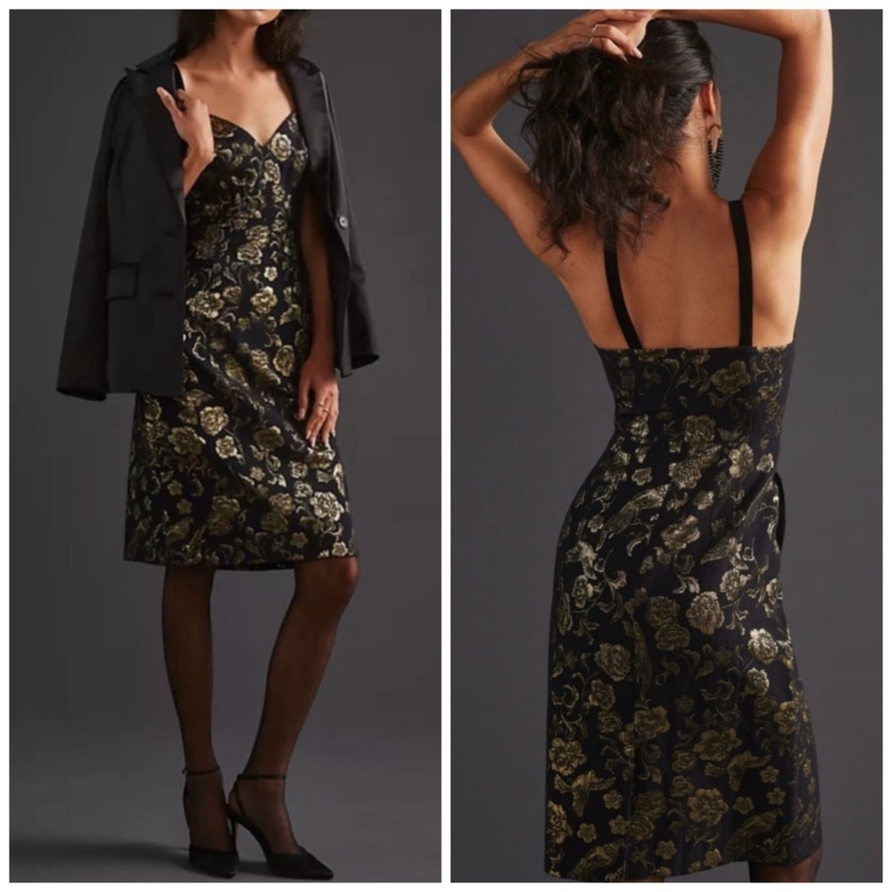 Anthropologie Maeve Black & Gold Floral Jacquard Dress Size 12